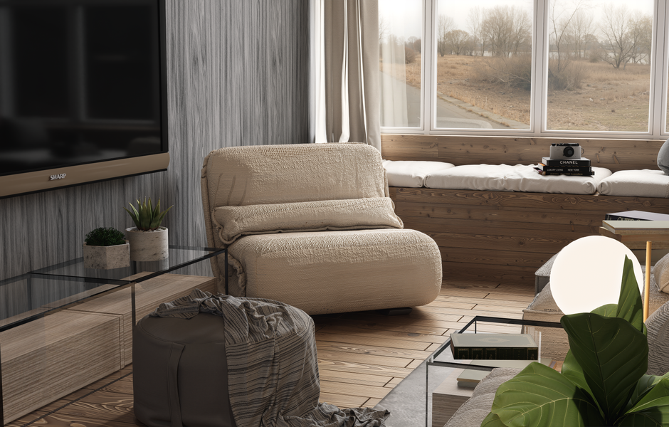 Sala de estar minimalista com elementos inspirados na natureza