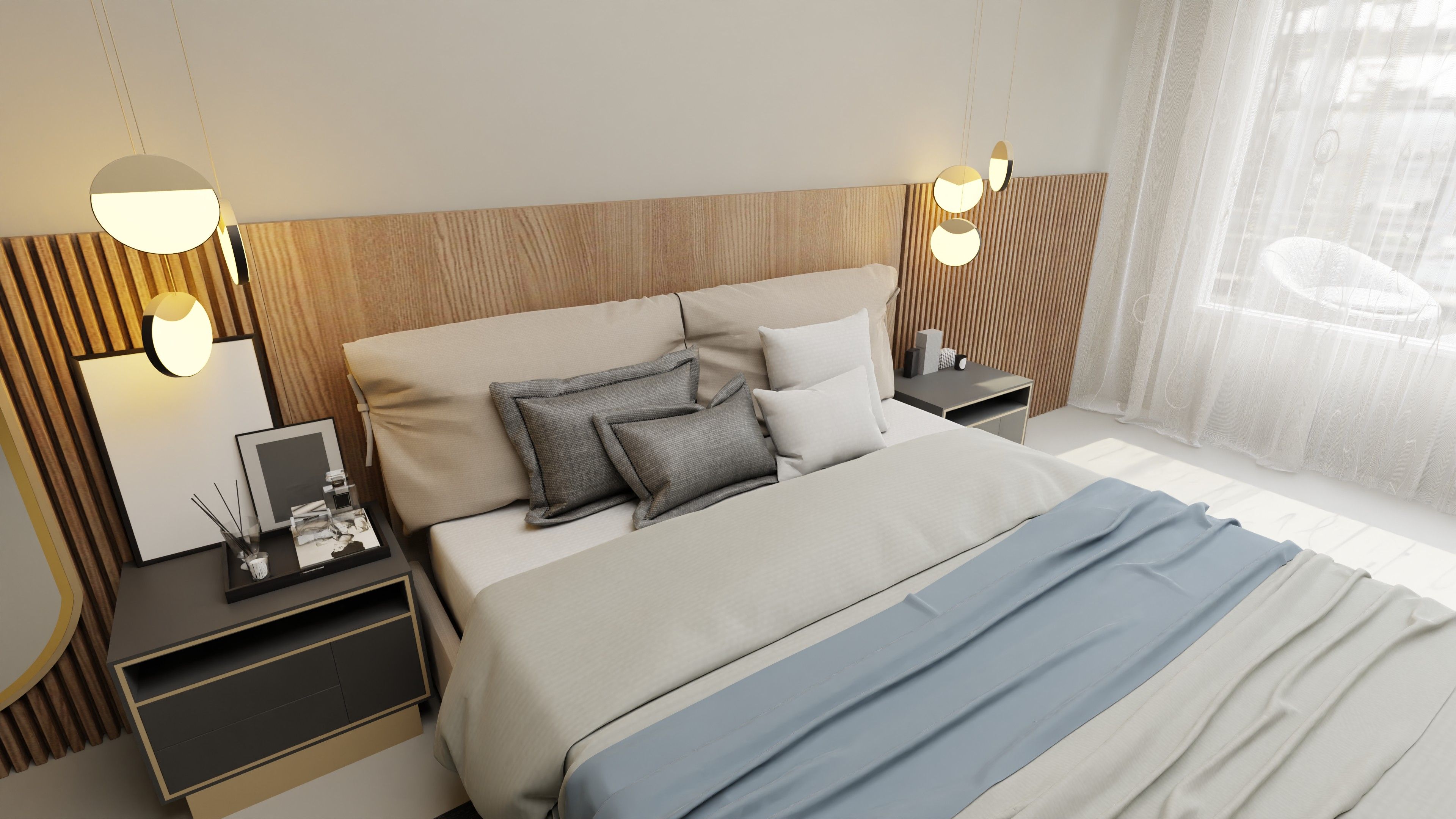 Cabeceira de cama decorada com painel de ripas de madeira