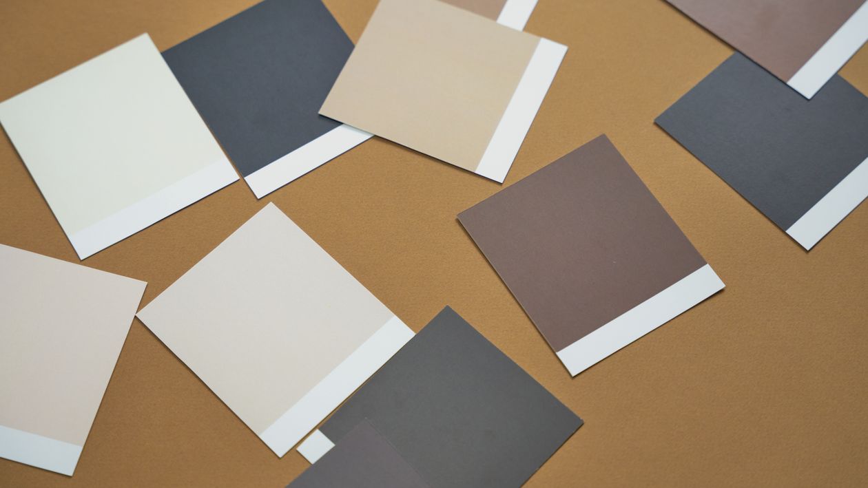 An overhead shot of various color swatches on a brown surface, illustrating desi