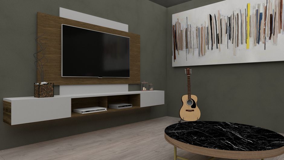 TV montada na parede com suporte e cabos organizados