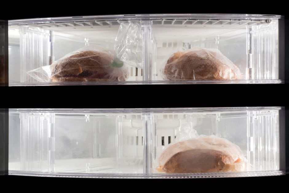 Caixas organizadoras transparentes com alimentos separados por categoria