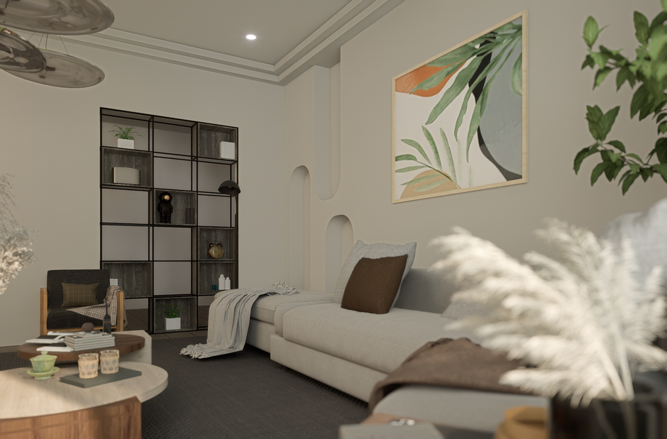 Sala de estar estilo minimalista com decoração neutra